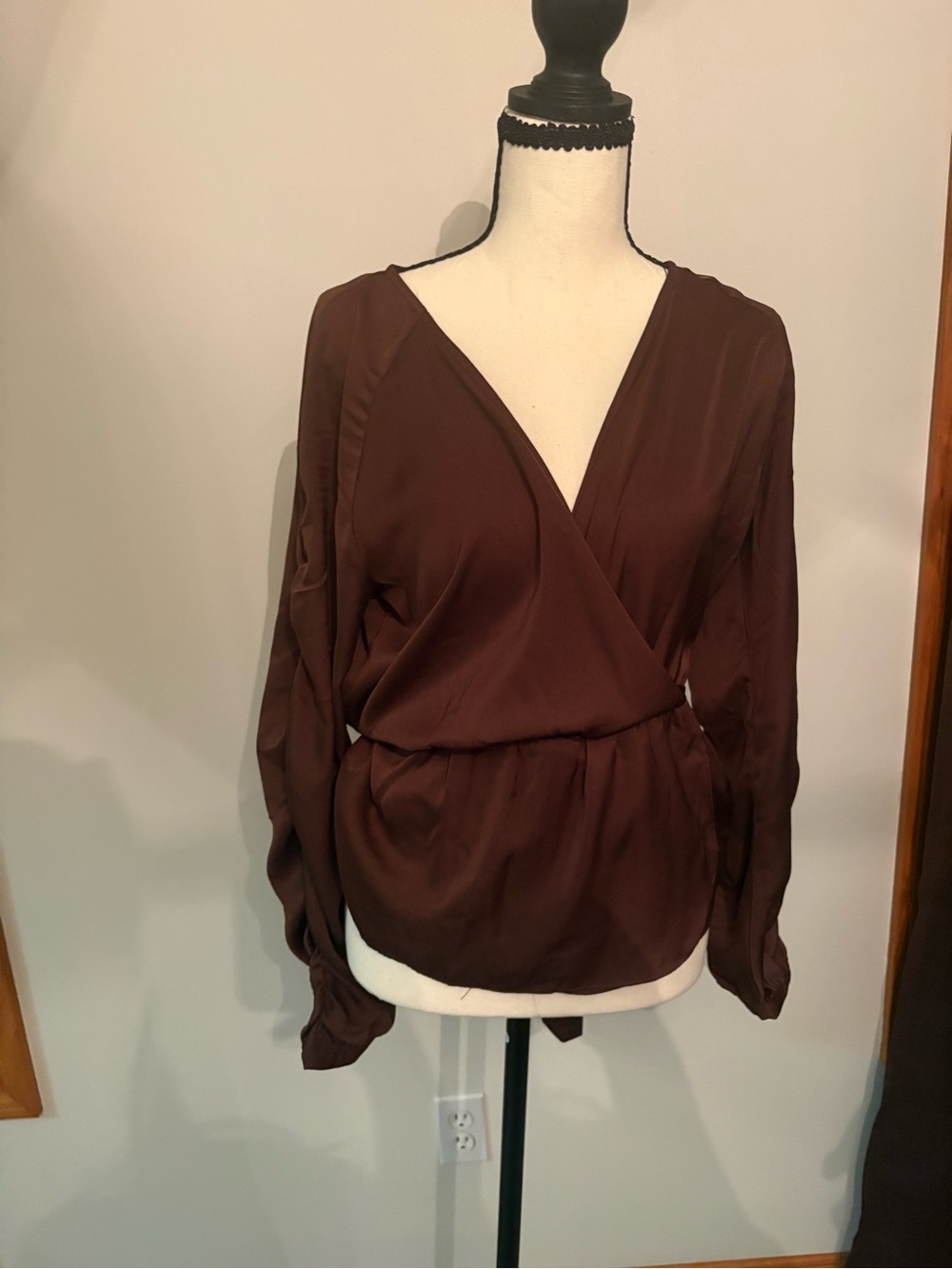 VENUS Brown Surplice Long Sleeve Blouse